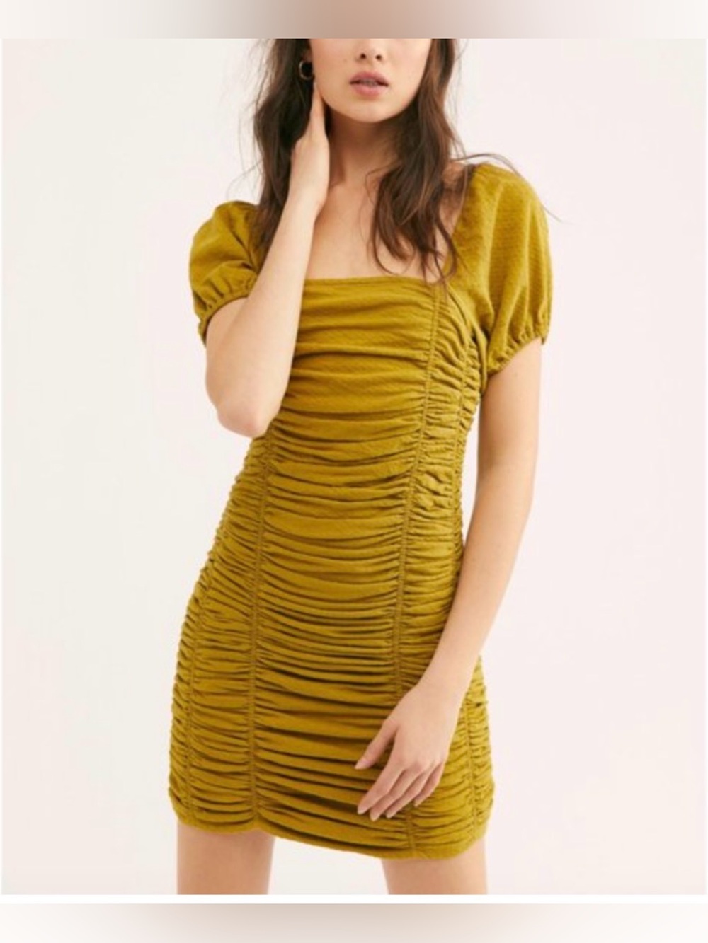 Free People Mustard Ruched Puff-Sleeve Mini Dress
